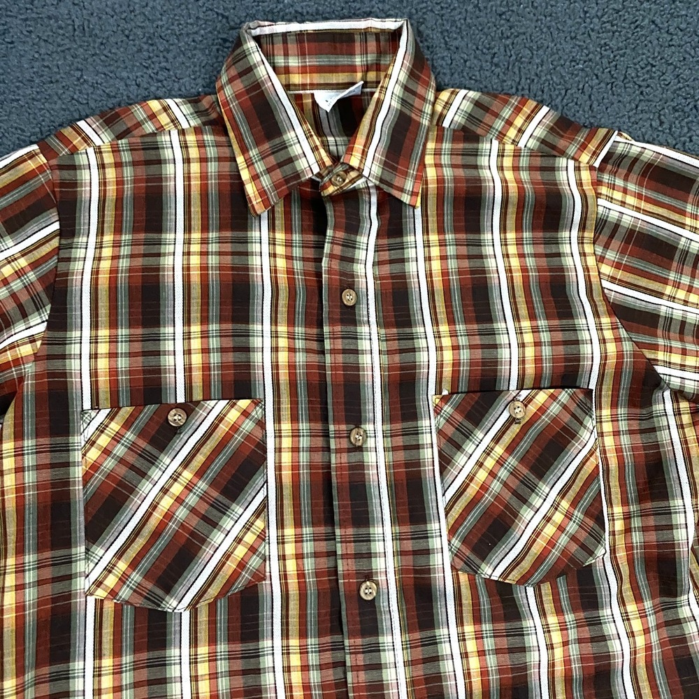 Vintage 70s Shirt Mens Small Montgomery Ward Plaid Button Up Short Sleeve Retro